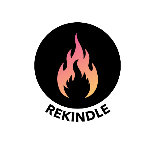 Logo that is a black circle with a flame graphic in the middle, and the word Rekindle beneath.